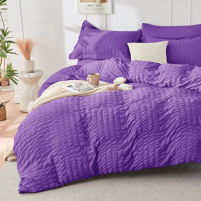 Genuine HYMOKEGE Dark Purple Duvet Cover King Size Ultra Soft 3-Piece Seersucker Duvet Cover Set with Zipper Closure Soft Brushed Microfiber Bedding Set with 8 Corner Ties 104 quot x90 quot 2 Pillowshams Fine