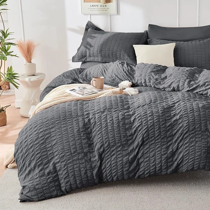 Verified HYMOKEGE Dark Grey Duvet Cover King Size Ultra Soft 3-Piece Seersucker Duvet Cover Set with Zipper Closure Soft Brushed Microfiber Bedding Set with 8 Corner Ties 104 quot x90 quot 2 Pillowshams Excellent