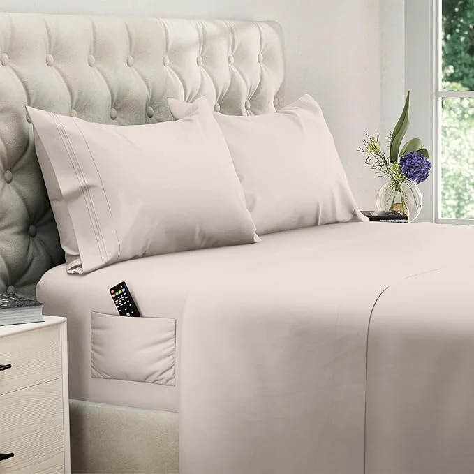 Genuine DREAMCARE Twin XL Sheets Set - 4 Pcs Cooling Bed Sheets with Up to 15 quot Deep Pockets - Soft Long-Lasting Brushed Polyester with Side Pocket Beige Detailed