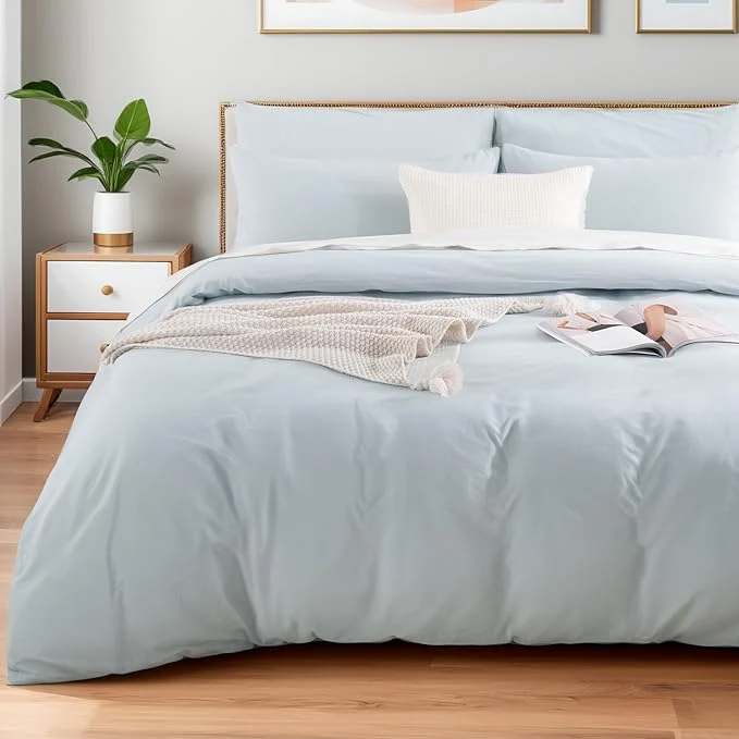 Sophisticated NEXHOME PRO Duvet Cover Set Twin Size Linen Look Textured Organic Natural Washed Cotton Duvet Cover 2 Pieces Bedding Set with Zipper Closure Breathable Soft Light Baby Blue No Comforter Official