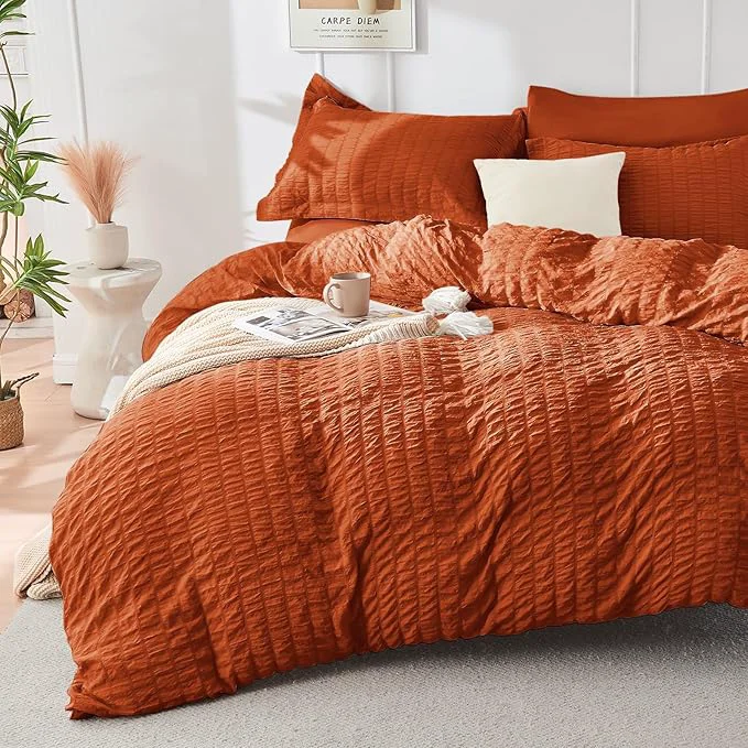 Outstanding HYMOKEGE Burnt Orange Duvet Cover King Size Ultra Soft 3-Piece Seersucker Duvet Cover Set with Zipper Closure Soft Brushed Microfiber Bedding Set with 8 Corner Ties 104 quot x90 quot 2 Pillowshams Traditional