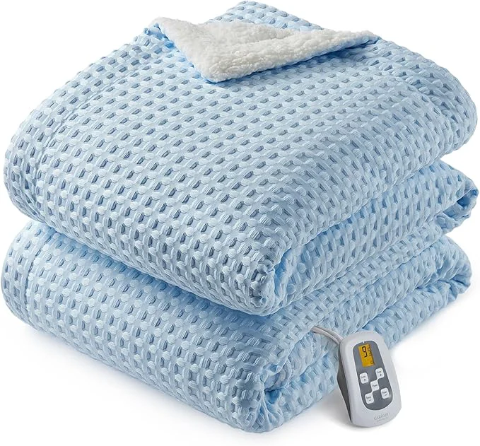 Sustainable CAROMIO Heated Blanket Full Size Waffle Weave Electric Blanket Throw with LCD Controller Fast Heating 10 Heat Levels amp 1-12H Time Settings ETL Machine Washable Light Blue 72 quot x 84 quot Contemporary