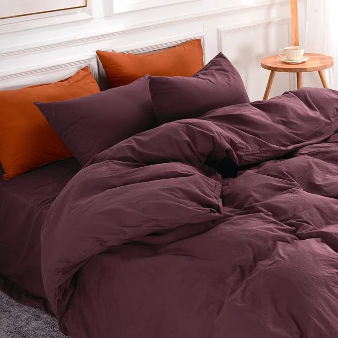 Secure NEXHOME PRO Duvet Cover Set Queen Size Linen Look Textured Washed Cotton Duvet Cover Burgundy Dark Red 3 Pieces Bedding Set with Zipper Closure Breathable Soft Organic Natural No Comforter Trusted