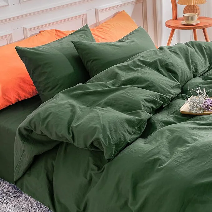 Detailed NEXHOME PRO Duvet Cover Set California King Linen Look Textured Organic Natural Washed Cotton Duvet Cover 3 Pieces Bedding Set with Zipper Closure Breathable Forest Green No Comforter Safe
