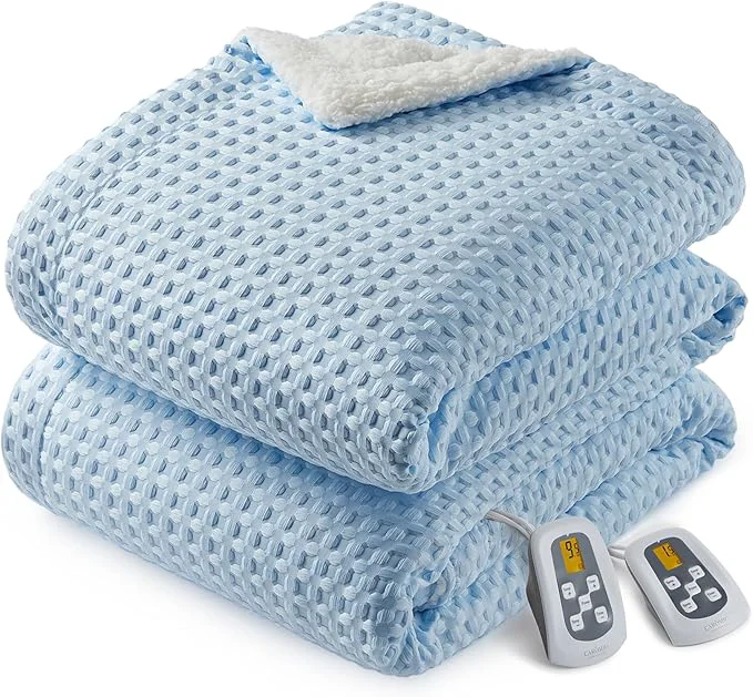 Quality CAROMIO Heated Blanket King Size with LCD Dual Controller Waffle Weave Fast Heating Electric Blankets 10 Heat Levels amp 1-12H Time Settings ETL Machine Washable Light Blue 100 quot x 90 quot Fine Crafted