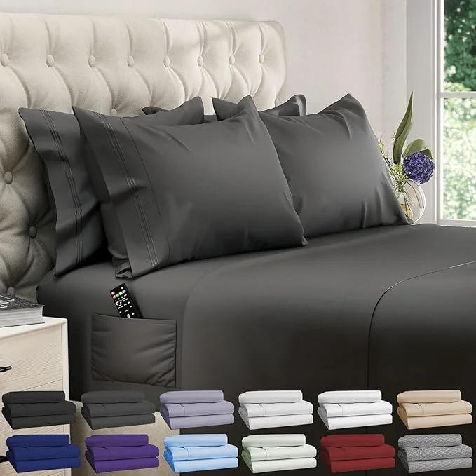 Modern DREAMCARE Sheets Full Size Bed – 6 Pcs Deep Pocket Full Size Sheets Set - Cooling Bed Sheets – Full Sheet Set – Soft amp Long Lasting – Extra Soft Brushed Microfiber with Side Pocket – Gray Functional