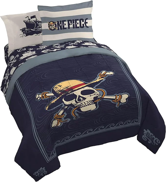 Trendy Jay Franco One Piece Queen Size Comforter Set - 7 Piece Blue Bedding Includes Sheet Set amp Pillow Covers - Super Soft Anime Bedding with Skull and Bones Enhanced