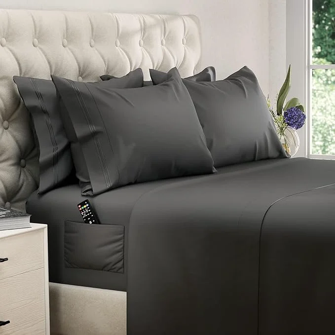 Exclusive DREAMCARE California King Sheet Sets – 6 pcs Cooling Bed Sheets – up to 15 Deep Cal King Sheets – 2500 Supreme Collection – Extra Soft Brushed Microfiber Hotel Luxury with Side Pocket – Gray Contemporary