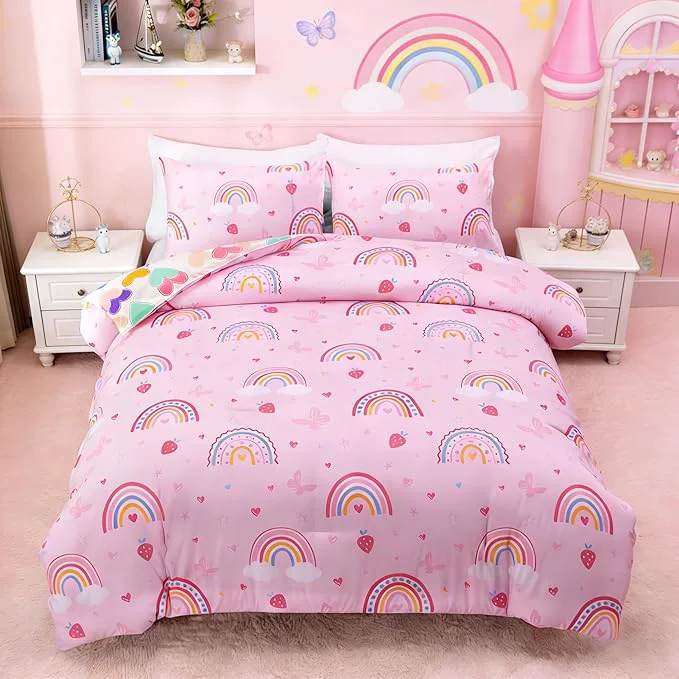 Recyclable Btargot Lightweight Soft 3 Piece Rainbow Comforter Set with 2 Pillow Covers Cartoon Butterfly Leaves Flowers Bedding Set for Girls Boys Kids Full Pink Premium Material
