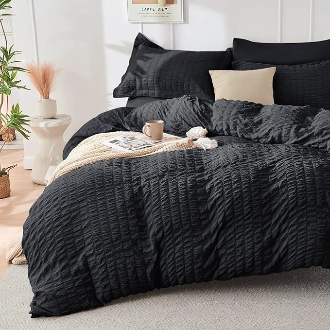 Elegant HYMOKEGE Black Duvet Cover Full Size Ultra Soft 3-Piece Seersucker Duvet Cover Set with Zipper Closure Soft Brushed Microfiber Bedding Set with 8 Corner Ties 80 quot x90 quot 2 Pillowshams Stylish