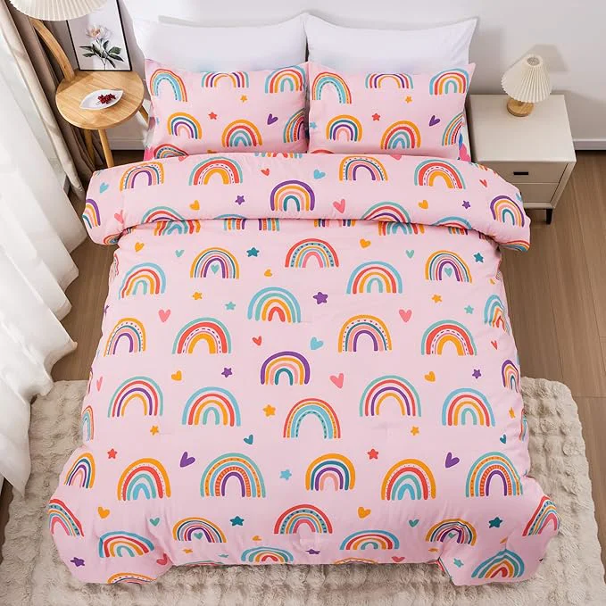 Recyclable Btargot Lightweight Soft 3 Piece Rainbow Comforter Set with 2 Pillow Covers Cartoon Love Hearts Flowers and Sun Moon Star Bedding Set for Girls Boys Kids Full Blush