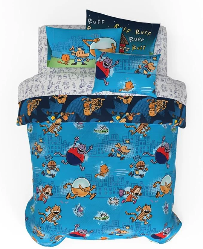 Classic Dog Man Supa Buddies Book Kids Bedding Set Queen Size 7 Piece Set Super Soft Cozy Reversible Comforter and Sheet Set with Sham ly Licensed Product by Franco Secure