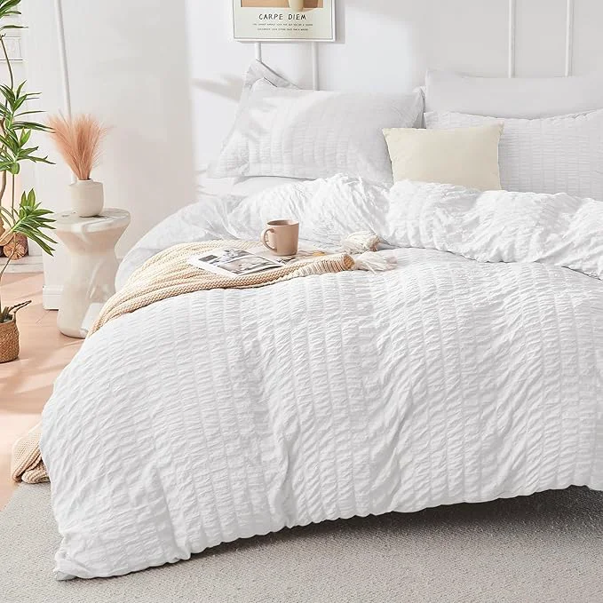 Easy-to-Use HYMOKEGE White Duvet Cover Queen Size Ultra Soft 3-Piece Seersucker Duvet Cover Set with Zipper Closure Soft Brushed Microfiber Bedding Set with 8 Corner Ties 90 quot x90 quot 2 Pillowshams