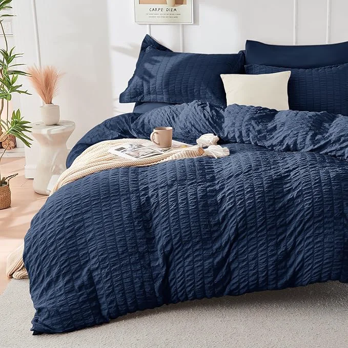 Top-Quality HYMOKEGE Navy Blue Duvet Cover Queen Size Ultra Soft 3-Piece Seersucker Duvet Cover Set with Zipper Closure Soft Brushed Microfiber Bedding Set with 8 Corner Ties 90 quot x90 quot 2 Pillowshams Dependable