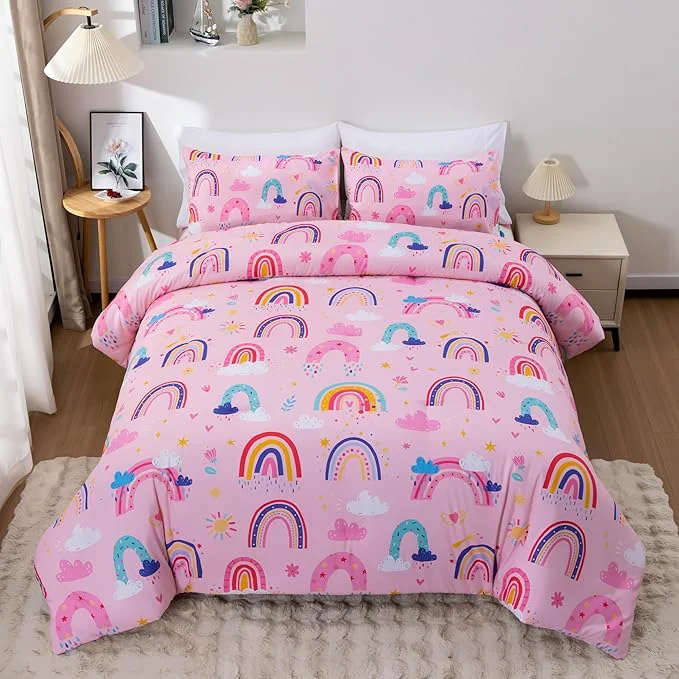 Eco-Friendly Btargot Lightweight Soft 3 Piece Rainbow Comforter Set with 2 Pillow Covers Cartoon Love Hearts Suns and Stars Bedding Set for Girls Boys Kids Queen Light Pink Original Design