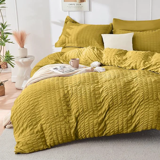 Trendy HYMOKEGE Mustard Yellow Duvet Cover Queen Size Ultra Soft 3-Piece Seersucker Duvet Cover Set with Zipper Closure Soft Brushed Microfiber Bedding Set with 8 Corner Ties 90 quot x90 quot 2 Pillowshams Classic