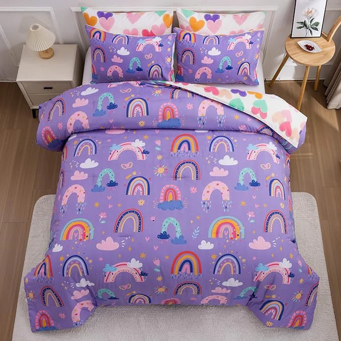 Fine Btargot Lightweight Soft 3 Piece Rainbow Comforter Set with 2 Pillow Covers Cartoon Love Hearts Flowers and Sun Star Bedding Set for Girls Boys Kids Full Dark Purple Detailed