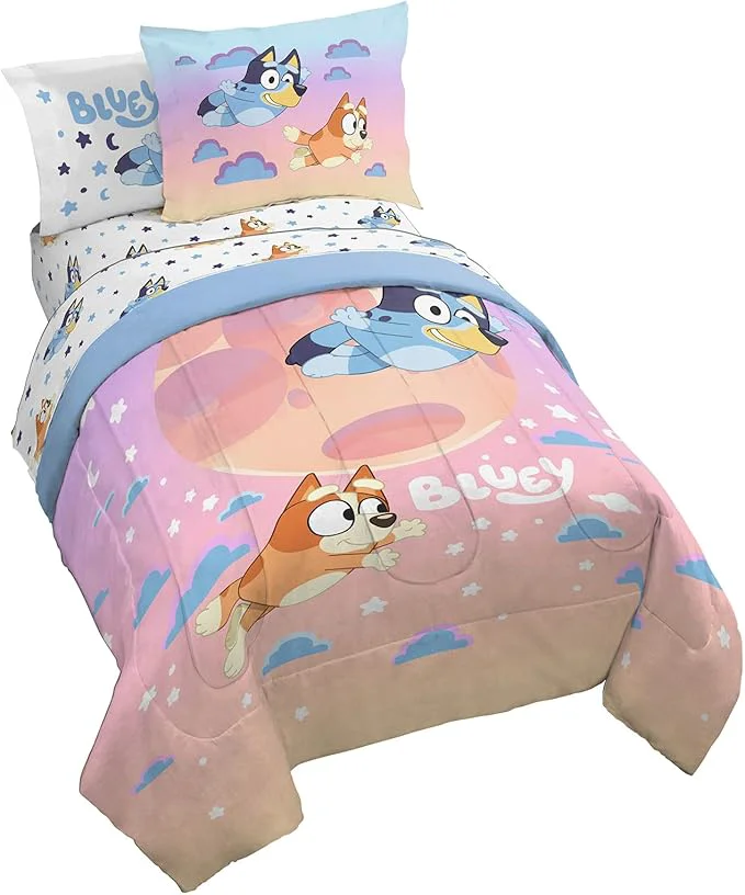 Smart Jay Franco Bluey amp Bingo Full Comforter Set - 7 Piece Bed Set Includes Sheet Set amp Pillow Covers - Super Soft Clouds amp Stars Kids Bedding Easy-to-Use