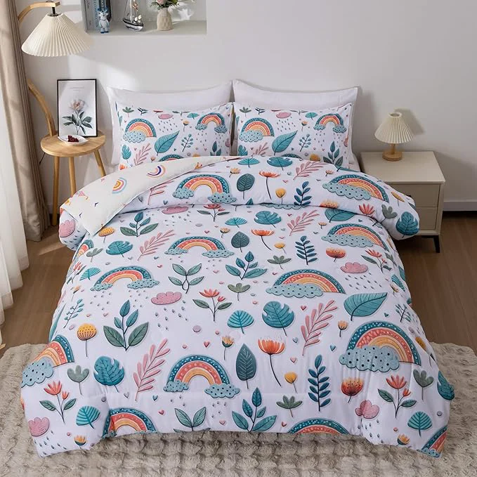 Sustainable Btargot Lightweight Soft 3 Piece Rainbow Comforter Set with 2 Pillow Covers Cartoon Leaves Flowers Bedding Set for Girls Boys Kids Full Green Carefully Designed