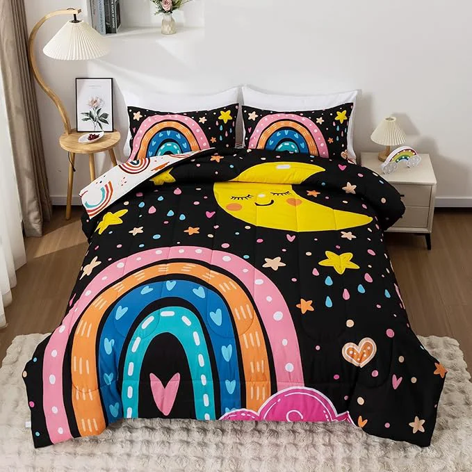 Pure Btargot Lightweight Soft 3 Piece Rainbow Comforter Set with 2 Pillow Covers Cartoon Love Hearts Flowers and Sun Moon Star Bedding Set for Girls Boys Kids Full Black Sustainable