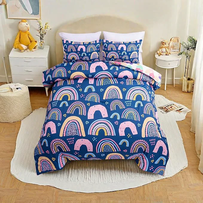 Efficient Btargot Lightweight Soft 3 Piece Rainbow Comforter Set with 2 Pillow Covers Cartoon Love Hearts Suns and Stars Bedding Set for Girls Boys Kids Twin Dark Blue Innovative