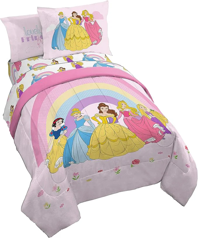 Breathable Jay Franco Disney Princess Rainbow 5 Piece Twin Bed Set - Includes Comforter amp Sheet Set - Bedding Features Aurora Belle amp Cinderella - Super Soft Fade Resistant Microfiber Proven