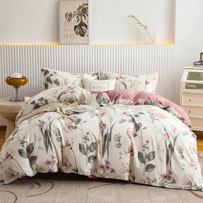 Carefully Designed OAITE Duvet Cover Set King Size Floral Pattern 600 Thread Count Ultra Soft Long Staple Cotton Duvet Cover Sets 3-PC Breathable Duvet Cover with Zipper Closure amp Corner Ties Practical