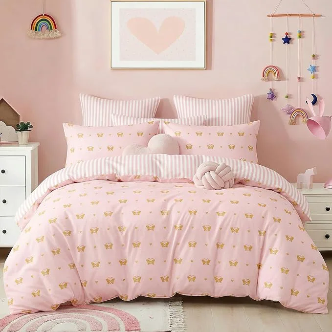 High-Quality Pink Comforter Set Queen Gold Heart Butterfly Bedding Set for Girls Kids Reversible Pink White Wide Striped Pattern Coquette Comforter 3 Pieces with 2 Pillowcases Soft Microfiber Relaxed