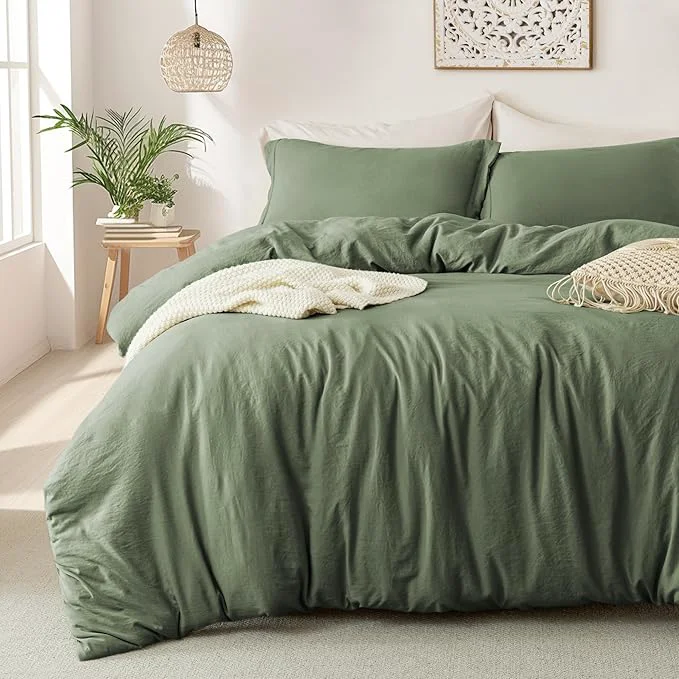 Sophisticated MILDLY Super Soft Duvet Cover - Washed Microfiber Olive Green Comforter Cover Set 3 Pieces with Zipper Closure amp Corner Ties No Comforter High-Grade