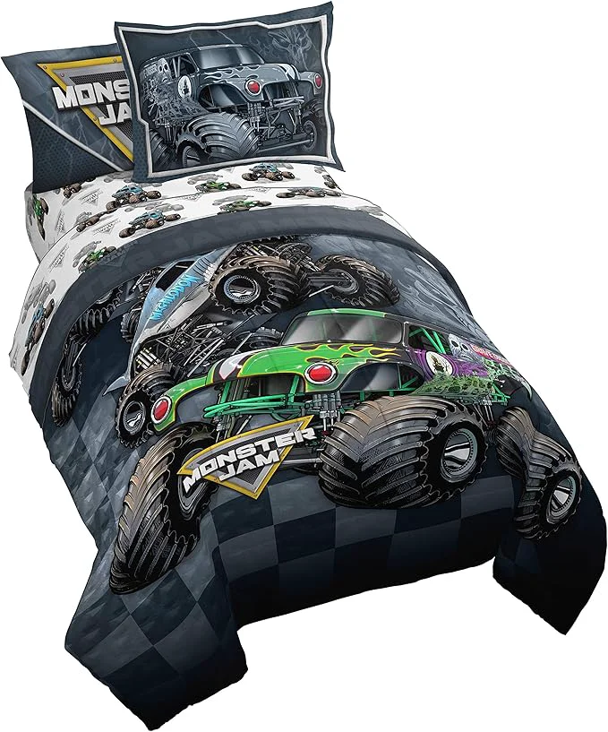 Eco-Friendly Jay Franco Monster Jam Slash 5 Piece Twin Bed Set - Includes Reversible Comforter amp Sheet Set-Bed Set Features Grave Digger amp Megalodon-Super Soft Fade Resistant Microfiber Breathable
