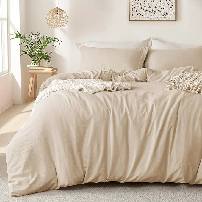 Enhanced MILDLY Super Soft Duvet Cover - Washed Microfiber Light Khaki Comforter Cover Set 3 Pieces with Zipper Closure amp Corner Ties No Comforter