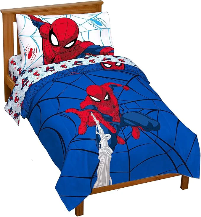 Pure Jay Franco Marvel Spiderman Webtastic 4 Piece Toddler Size Bed Set – Super Soft Microfiber Bed Set Includes Toddler Size Reversible Comforter amp Sheet Set Bedding Marvel Product Proven