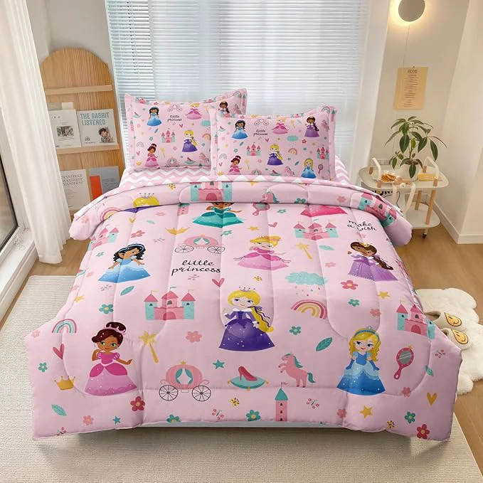 World-Class Kids al Princess Comforter Set Bed in a Bag Full Size- 5 Piece Soft Cute Castle Bedding Set for Girls 1 Comforter 1 Flat Sheet 1 Fitted Sheet 2 Pillowcases Pink Healthy