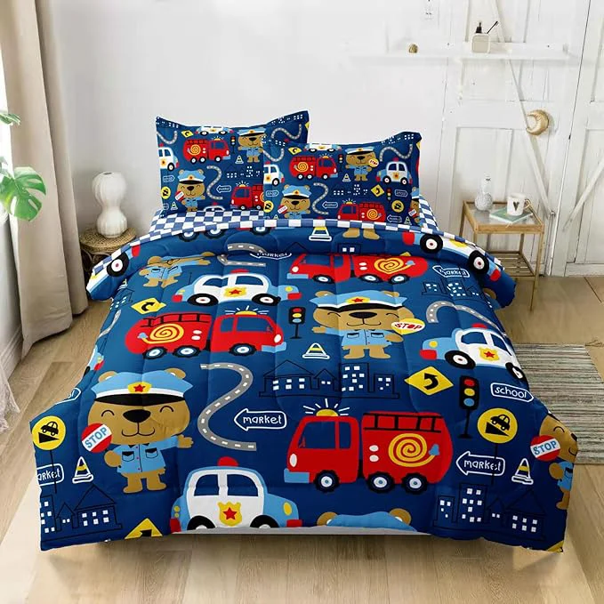 Certified Kids Cop Car Comforter Set for Little Boys Fire Truck Police Car Bedding Set City Traffic Bedding Collection Include 1 Comforter 2 Pillowcases 1 Fitted Sheet 1 Flat Sheet Blue Advanced