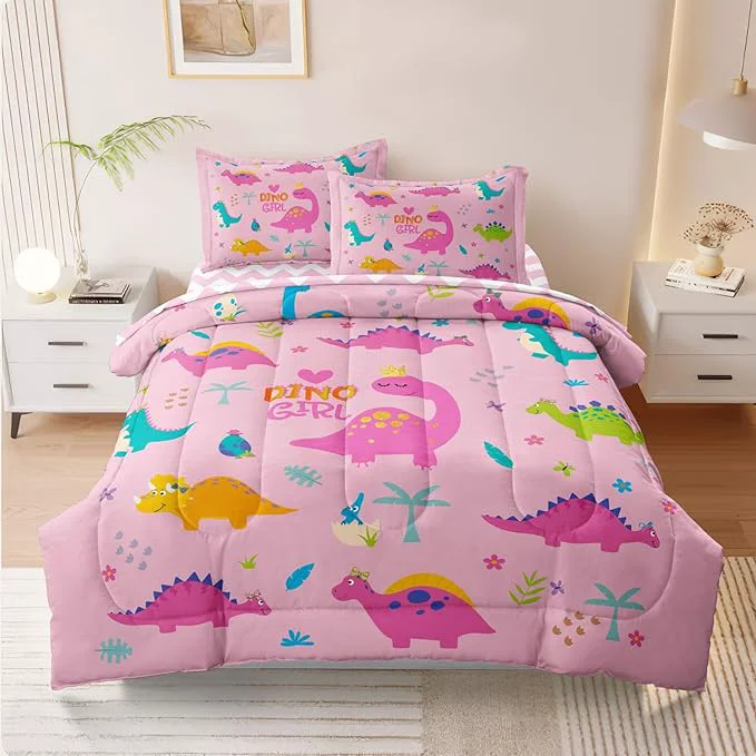 Smooth Girls Dinosaur Bedding Full Green Pink Dinosaur Comforter Set Cute Cartoon Down Comforter for Little Girls Teens Kids Adults Room Decor Reversible Bed-in-a-Bag 5-Piece Bed Sets Safe