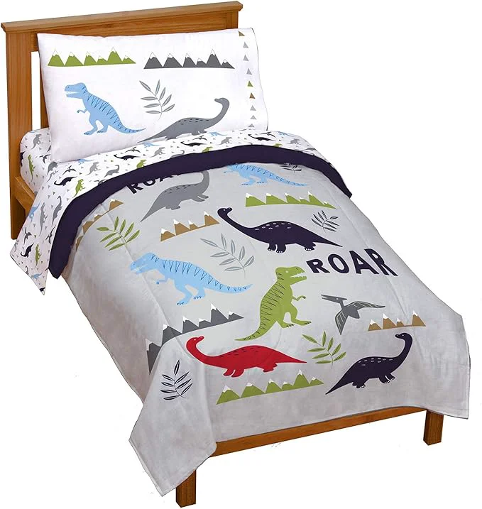 High-End Jay Franco Trend Collector Dinosaur Roar 4 Piece Toddler Bed Set - Includes Comforter amp Sheet Set - Super Soft Fade Resistant Microfiber Bedding Practical
