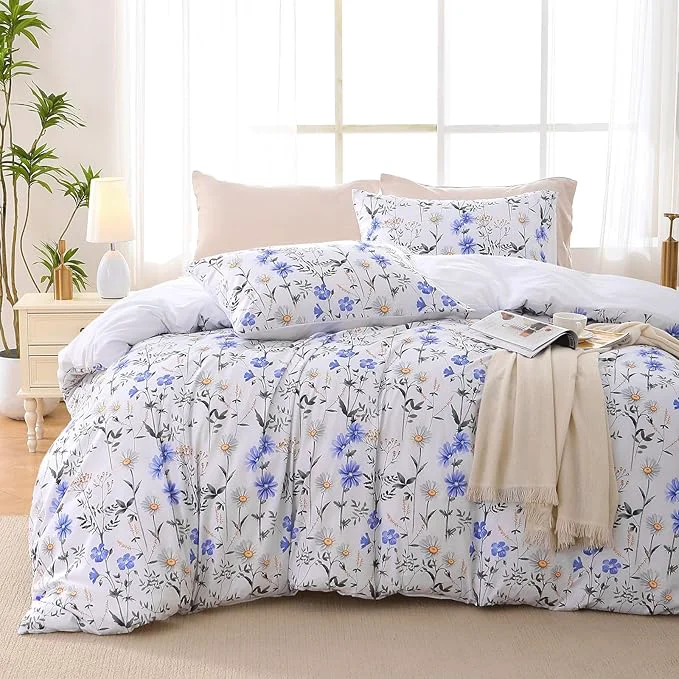 Duvet Cover King Size Reversible Floral Vintage Duvet Cover Set with Zipper Closure 3 Pieces Botanical Patterns Soft Microfiber Bedding Set 90 quot x104 quot 2 Pillow Cases 20 quot ×36 quot Purple Blue Daisy Refined