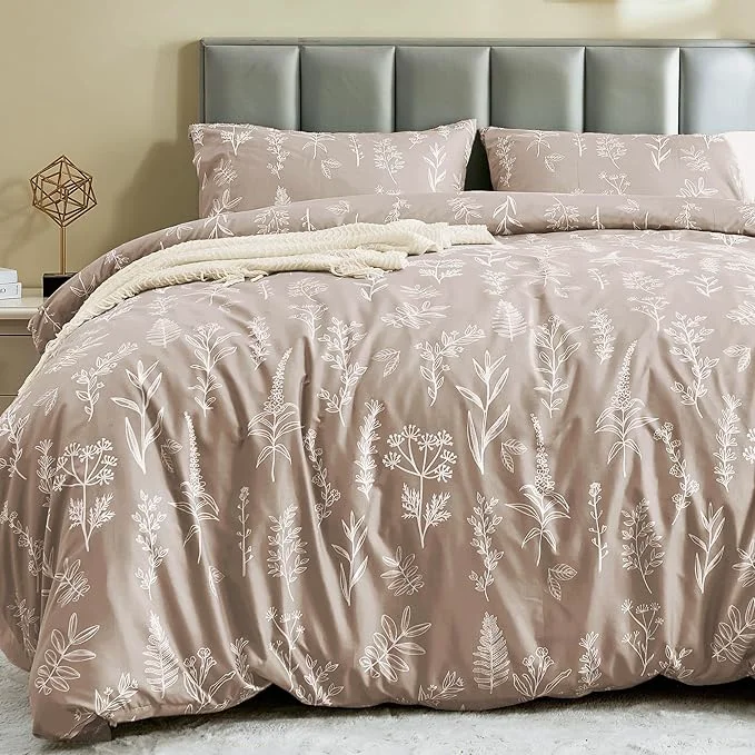 Functional MUXHOMO Duvet Cover Full Size Reversible Floral Taupe Duvet Cover Set with Zipper Closure 3 Pieces Botanical Patterns Soft Microfiber Bedding Set with 4 Ties 80 quot x90 quot 2 Pillow Cases Elegant
