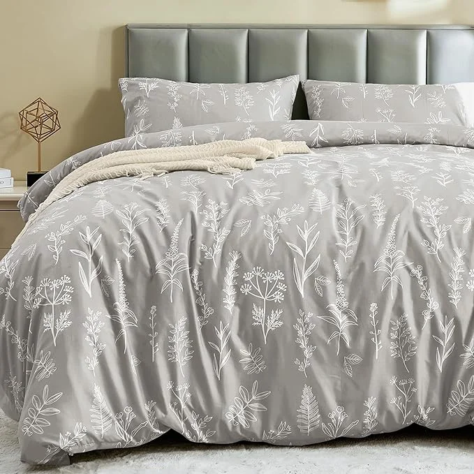 Enhanced MUXHOMO Duvet Cover Full Size Reversible Floral Silver Gray Duvet Cover Set with Zipper Closure 3 Pieces Botanical Patterns Soft Microfiber Bedding Set with 4 Ties 80 quot x90 quot 2 Pillow Cases Eco-Friendly
