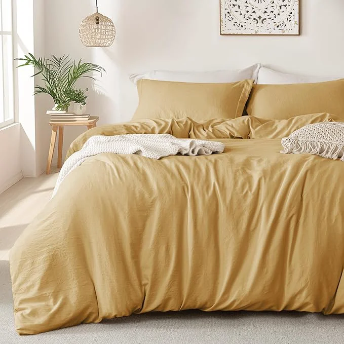 Elite MILDLY Super Soft Duvet Cover - Washed Microfiber Warm Mustard Yellow Comforter Cover Set 3 Pieces with Zipper Closure amp Corner Ties No Comforter Elegant
