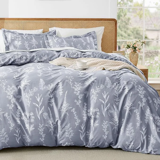 Elegant MUXHOMO Duvet Cover King Size Reversible Floral Grey Duvet Cover Set with Zipper Closure 3 Pieces Botanical Patterns Soft Microfiber Bedding Set 90 quot x104 quot 2 Pillow Cases 20 quot ×36 quot Exceptional