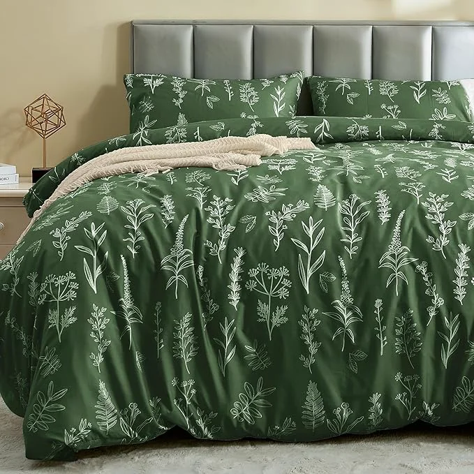Organic MUXHOMO Duvet Cover Queen Size Reversible Floral Dark Green Duvet Cover Set with Zipper Closure 3 Pieces Botanical Patterns Soft Microfiber Bedding Set with 4 Ties 90 quot x90 quot 2 Pillow Cases User-Friendly