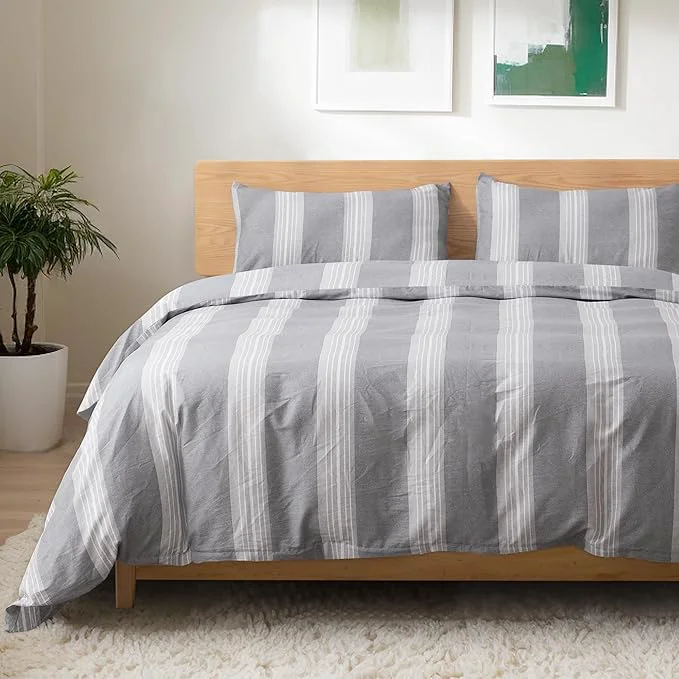 Elite TOCOMOA Striped Duvet Cover Set Natural Cotton Soft Comfy Breathable 3 Piece Light Grey and White Pattern Printed Comforter Cover Bedding Set King 104 quot x90 quot Comforter Not Included Clean
