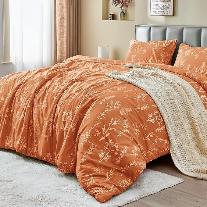 Elegant MUXHOMO Duvet Cover Queen Size Reversible Floral Caramel Duvet Cover Set with Zipper Closure 3 Pieces Botanical Patterns Soft Microfiber Bedding Set with 4 Ties 90 quot x90 quot 2 Pillow Cases Crafted