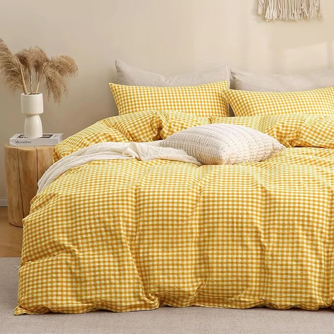Elite TOCOMOA Yellow Gingham Duvet Cover Bedding Set Washed Cotton Like Linen Feel Super Soft Comfortable 3 Piece Vintage Plaid Checkered Comforter Cover Set King 104 quot x90 quot Comforter Not Included Optimized