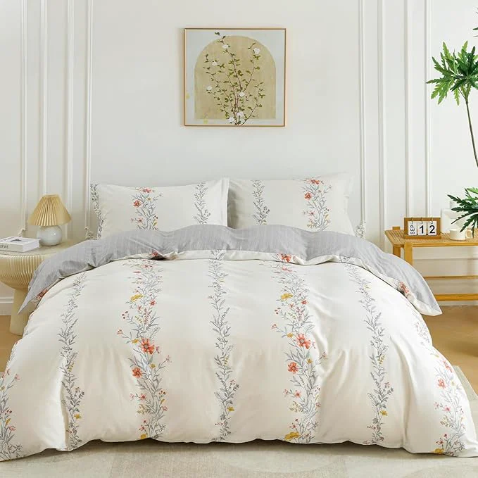 Eco-Friendly OAITE Duvet Cover Set Queen Size Floral Pattern Ultra Soft Cotton Duvet Cover Sets 3-PC Breathable Duvet Cover with Zipper Closure amp Corner Ties 2 Pillow Shams 1 Duvet Cover Expertly Made