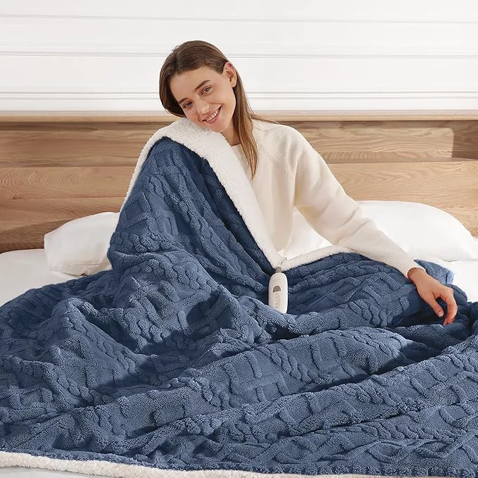 Certified Heated Throw Blanket 50 quot x60 quot with 5 Heating Levels amp 4 Hours Auto Off Soft amp Plush Sherpa Electric Blanket Throw with ETL amp FCC Certification for Home Use Machine Washable Great Gift Navy Blue Verified