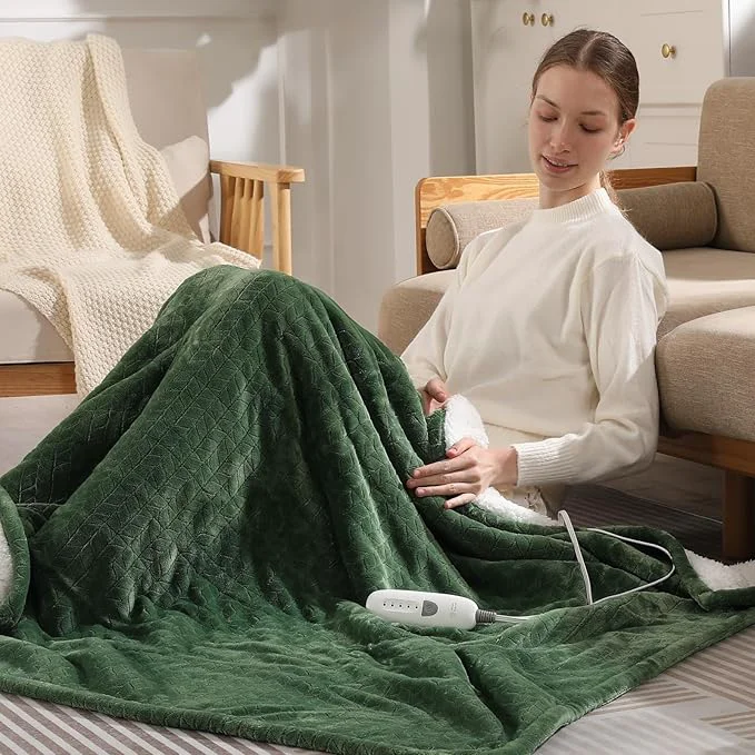 Electric Blanket Queen 84 quot x90 quot Heated Blanket Queen Size Dual Control Wheat Pattern Ultra-Soft Flannel amp Thick Sherpa with 5 Heat Settings amp 10H Auto Off FCC ETL Machine Washable Green Unique