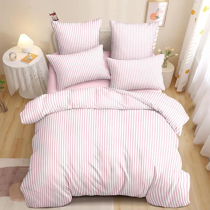 Authentic Nayoroom Pink Striped Duvet Cover Queen Size White Stripe Duvet Cover Dorm Bedding Set 3 Pieces Soft Lightweight Washed Microfiber Farmhouse Bedding Set Gifts for Women Men Easy-to-Use