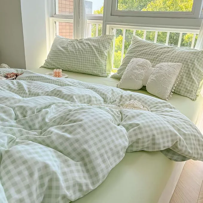 Fashionable Nayoroom Green Gingham Duvet Cover Full Size Plaid Dorm Bedding Set 3 Pieces Grid Checkered Duvet Cover with 2 Pillowcases Soft Breathable Washed Microfiber Reliable